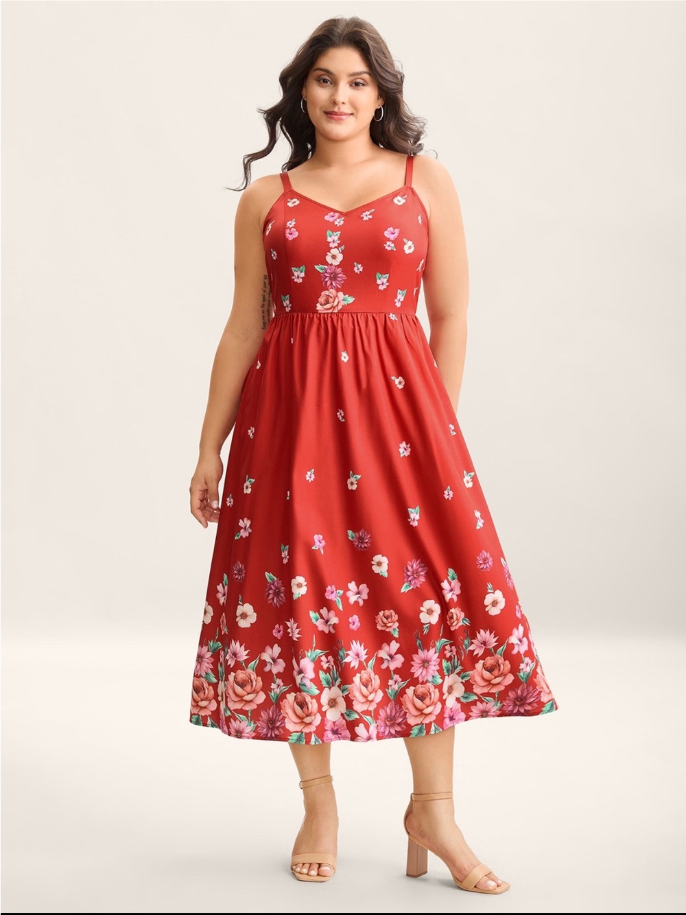 BloomChic Floral Red Midi Dress with Spaghetti Straps size 1X (14-16)